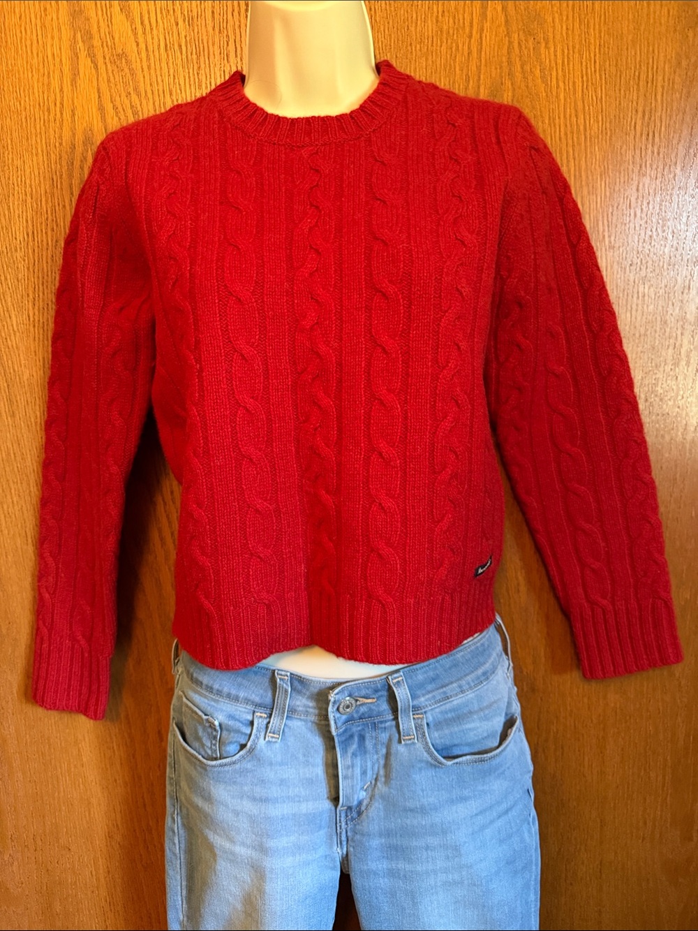 Abercrombie & Fitch Red Cable-Knit Crewneck Sweater